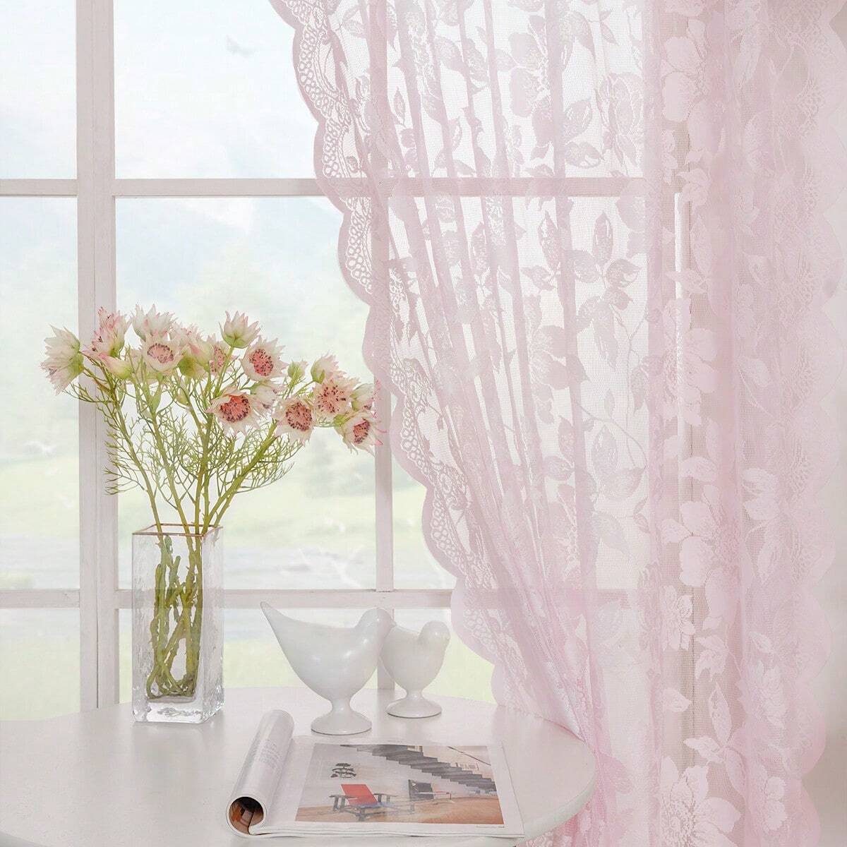 2pcs LOTTIE Floral Pattern Pink Lace Sheer Curtains, Rod Pocket, Light Filtering, Elegant, No Ironing Needed, Machine Washable, Suitable For Living Room, Study, Dining Room, Kitchen, Wardrobe Decoration