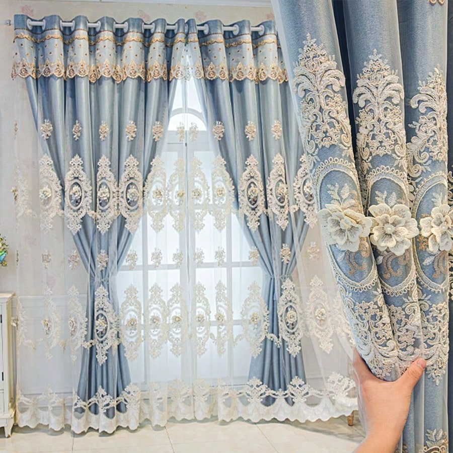1 Panel European-Style Double-Layer Curtain, Embossed Floral Embroidered Sheer, Blackout Window Drapes For Bedroom & Living Room