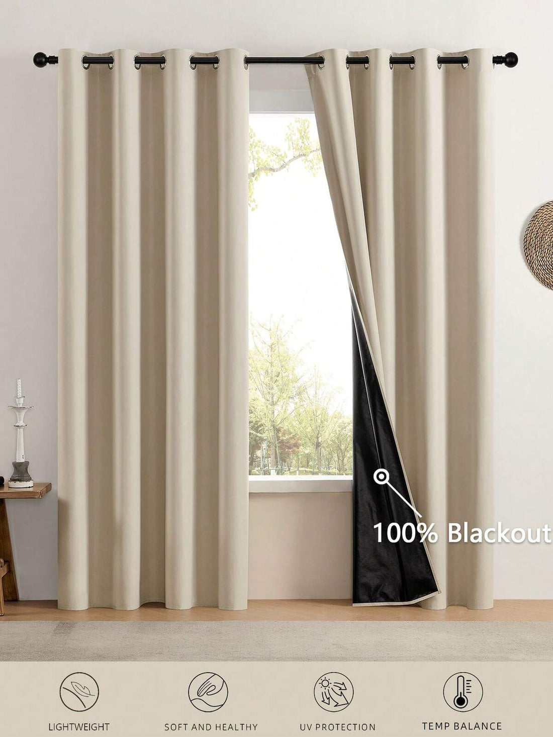 1pc Or 2pcs Blackout Curtains With Top Rings, 100% Light Blocking, Suitable For Living Room, Bedroom, Home Theater, Privacy Protection, Lightweight Black Backing, Multi-Size, Multi-Scene, Home Decor Curtains, Beige