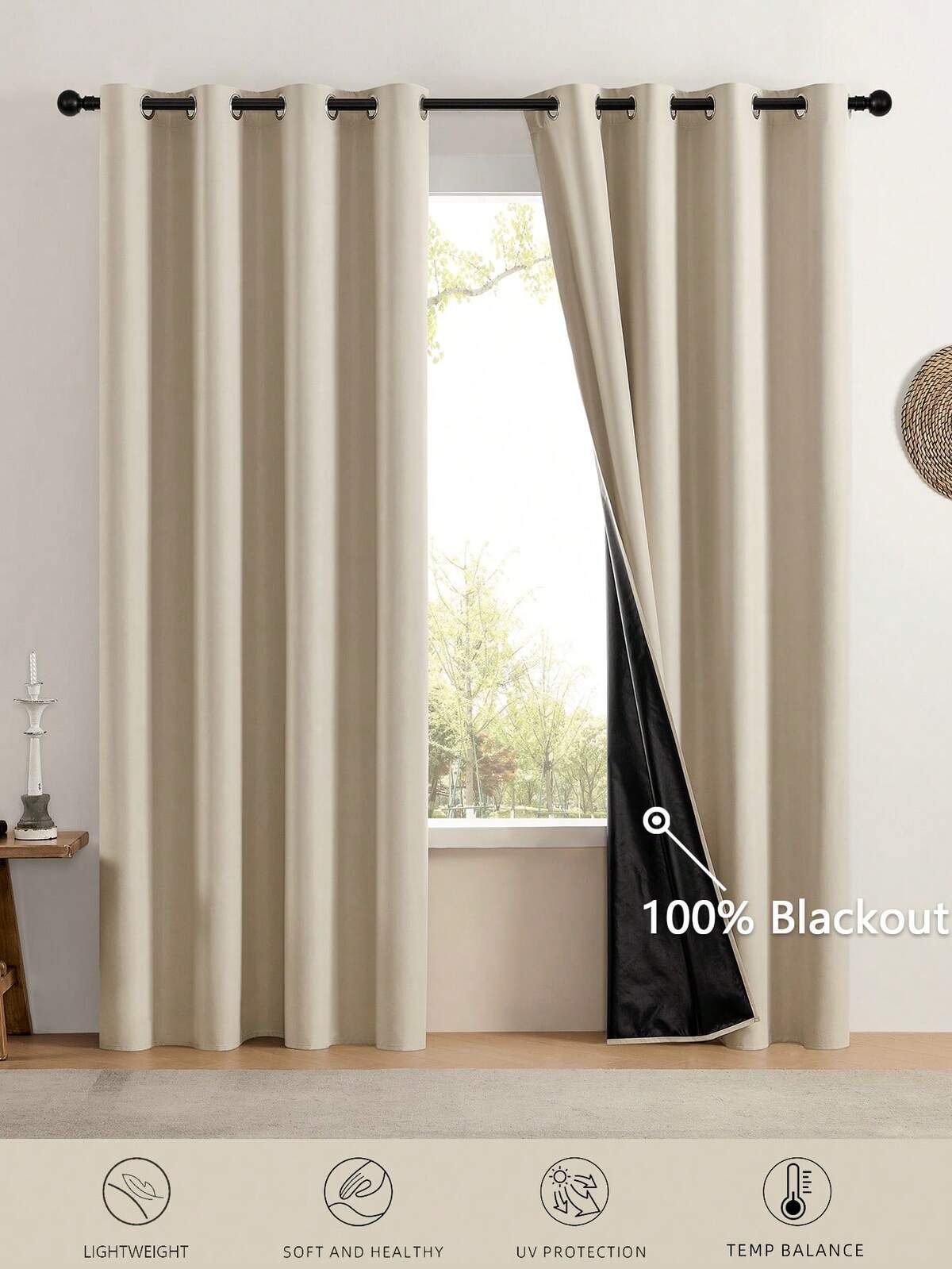 1pc Or 2pcs Blackout Curtains With Top Rings, 100% Light Blocking, Suitable For Living Room, Bedroom, Home Theater, Privacy Protection, Lightweight Black Backing, Multi-Size, Multi-Scene, Home Decor Curtains, Beige