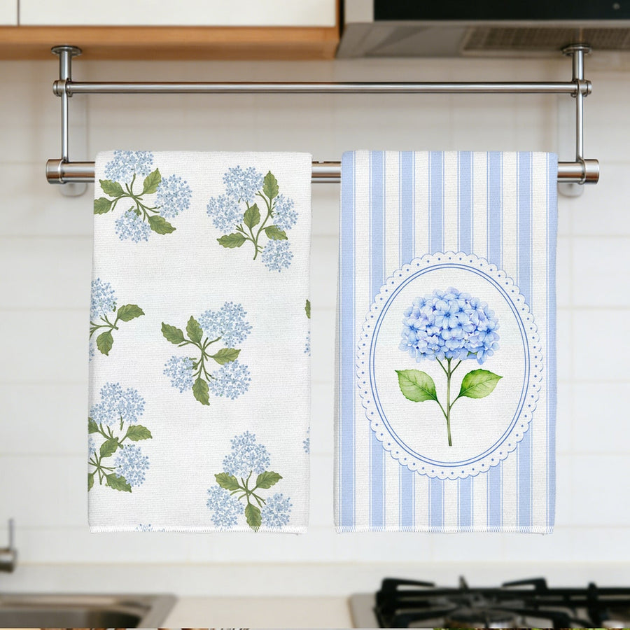 2pcs Minimalist Daily Blue Hydrangea Pattern Kitchen Towels, Soft Polyester Dish Cloths, Suitable For Kitchen Decor, Kitchen Cleaning, Holiday Party Decoration, Kitchen & Bathroom Supplies Home Essentials, Home Decor, Housewarming Gift